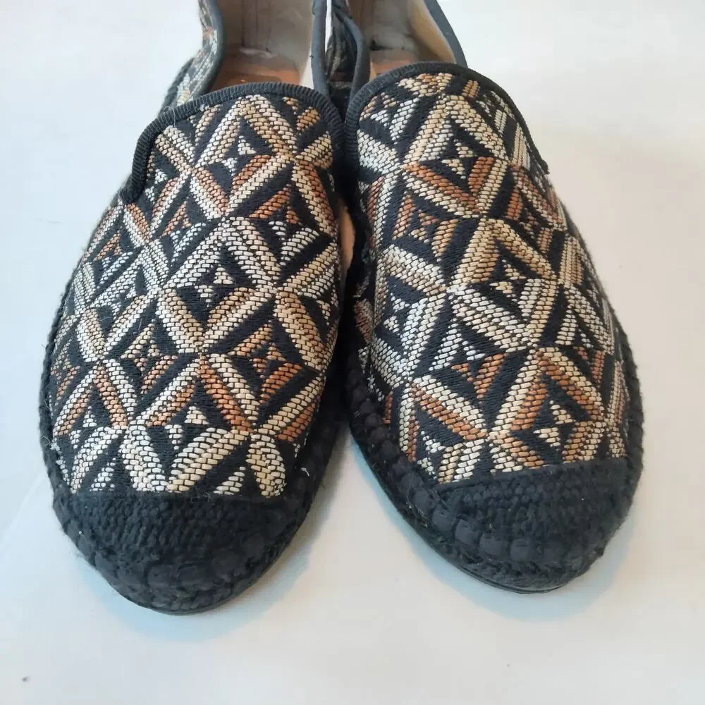 Kanna Sz 7 Woven Espadrille Loafer Black Diamond Pattern Slip On Flat Brown Tan